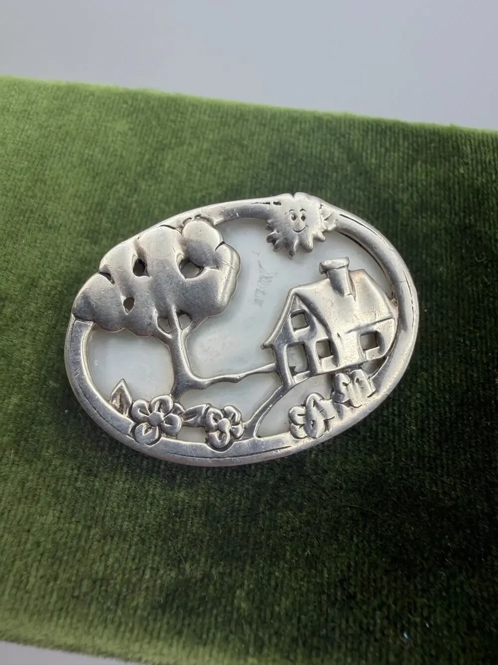 925 Sterling Vintage Framed picture of house tree sun oval with shell pin brooch